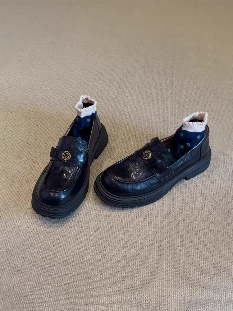 Phiên bản da bò ~ Giày lười đế dày hoa trà cổ điển dành cho nữ, giày da thật mũi tròn kiểu Anh, giày da đế dày kiểu Anh