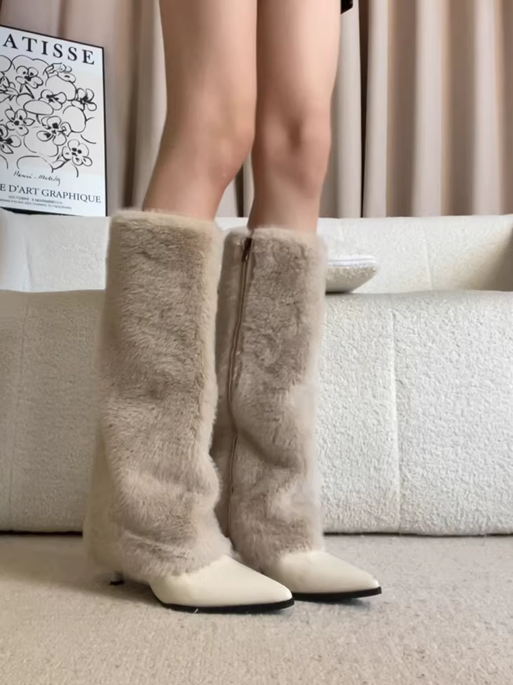 Phiên bản da bò ~ Phong cách lười biếng, giày bốt cao gót mũi nhọn thời trang và thanh lịch dành cho nữ, giày bốt thời trang ấm áp lót lông cừu mùa đông.