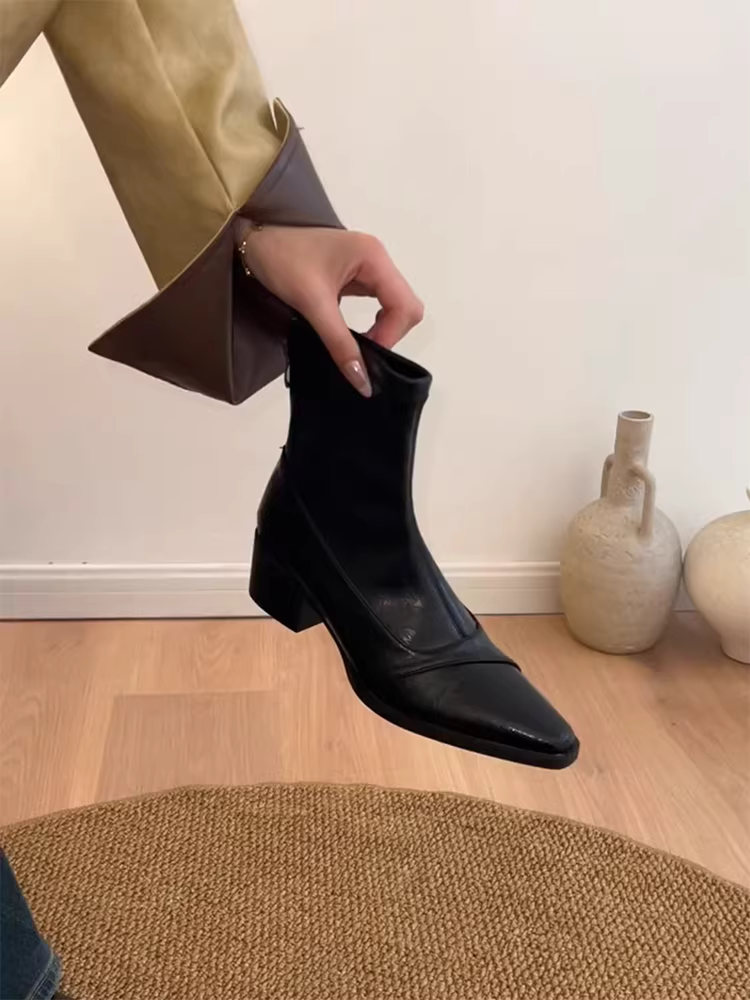 Phiên bản da bò ~ Giày bốt da thật kiểu dáng tối giản, thanh lịch dành cho nữ, mũi nhọn, gót dày, khóa kéo phía sau, giúp thon gọn, đa năng, giày bốt ngắn đi làm.