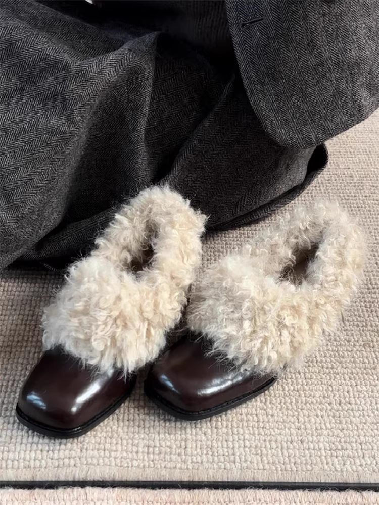 Phiên bản da cừu ~ Giày lông cổ điển có gót dày dành cho nữ, giày da thật mũi vuông, giày da nhỏ có lót lông cừu mùa đông, ấm áp