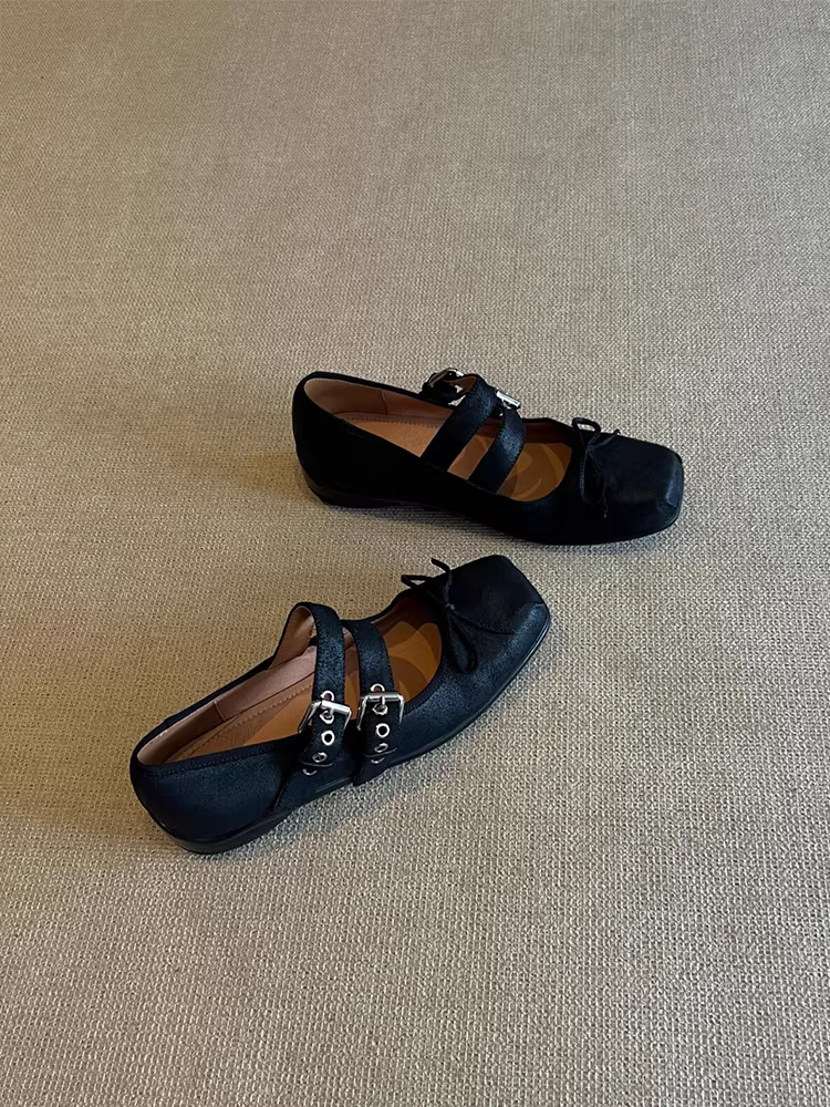 Giày Mary Jane mũi nhọn kiểu Anh, chất liệu da cừu, kiểu dáng cổ điển, quai ngang, gót thấp, khóa đôi, dành cho nữ