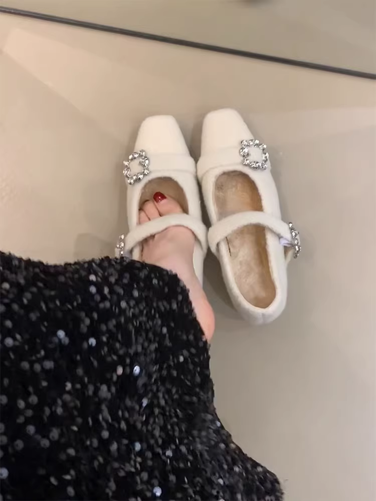 Phiên bản da cừu ~ Giày đơn có dây đeo kiểu cổ tích kiểu Pháp, mũi vuông, lót lông cừu, tăng chiều cao dành cho nữ, giày Mary Jane nhẹ nhàng