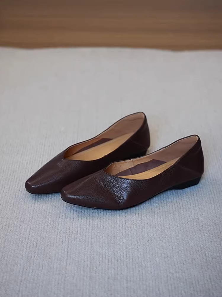 Phiên bản da cừu ~ Giày lười mũi nhọn đơn giản màu nâu cổ điển dành cho nữ, da thật, giày công sở đế bằng đa năng