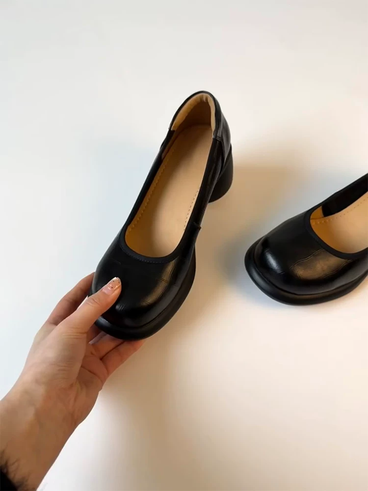 Phiên bản da cừu ~ Giày bà ngoại đế dày tăng chiều cao dành cho nữ, giày da thật đơn giản kiểu lười đi với gót dày, thoải mái và không gây mỏi, kiểu giày Mary Jane.
