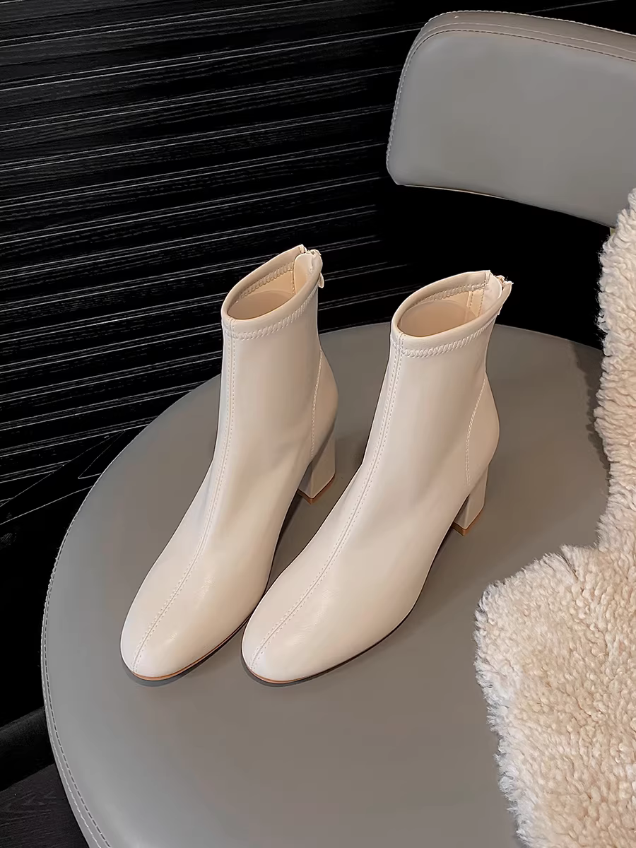 Phiên bản da bò ~ Giày bốt cổ ngắn cao gót màu trắng dành cho nữ, Giày bốt mũi tròn kiểu Hàn Quốc, gót dày, co giãn, kiểu dáng thanh lịch, giày bốt Martin đi làm