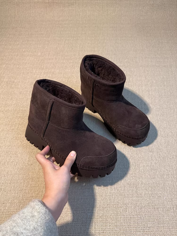Phiên bản da bò ~ Giày bốt đi tuyết đế dày bằng da cừu cổ điển, da thật, đa năng, dễ thương và độc đáo, giày bốt cotton kiểu dáng dễ mang
