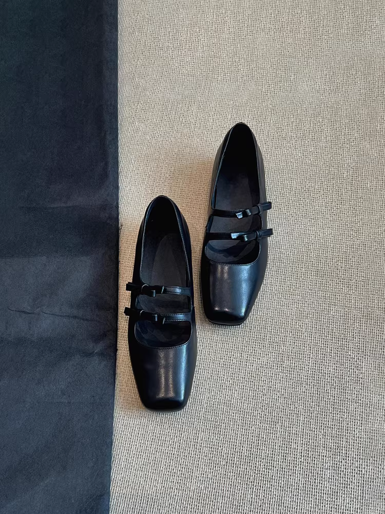 Phiên bản da cừu ~ Giày bệt mũi vuông kiểu cổ điển có nơ dành cho nữ, giày Mary Jane đa năng bằng da thật nông