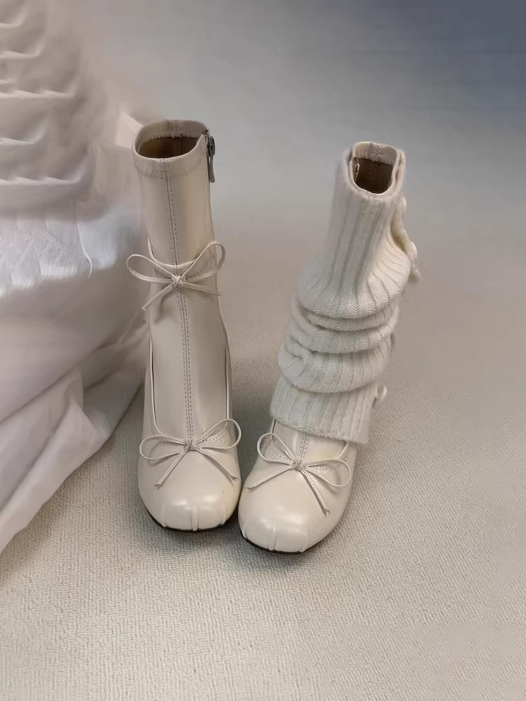 Phiên bản da bò ~ Giày bốt dáng mảnh kiểu ba lê thanh lịch và dịu dàng theo phong cách Pháp dành cho nữ có khóa kéo phía sau, gót dày, giày bốt ngắn mũi tròn