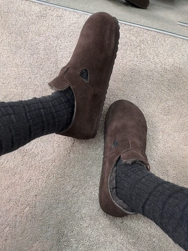 Phiên bản da cừu ~ Giày Birkenstock đế bằng kiểu Retro Melard dành cho nữ, đa năng, lót lông cừu, ấm áp, giày cotton da thật cắt sâu, giày lông thú.