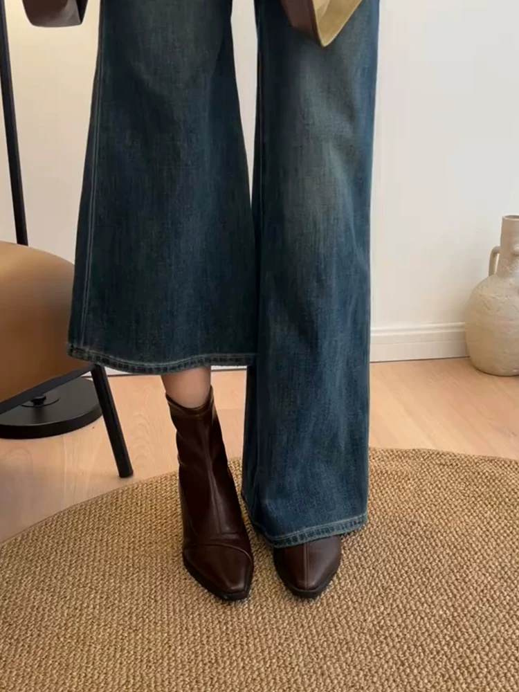 Phiên bản da bò ~ Giày bốt da thật kiểu dáng tối giản, thanh lịch dành cho nữ, mũi nhọn, gót dày, khóa kéo phía sau, giúp thon gọn, đa năng, giày bốt ngắn đi làm.