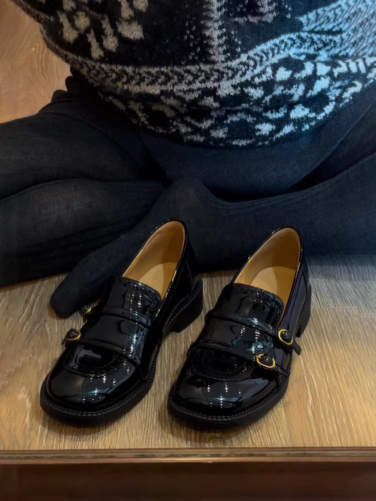 Phiên bản da cừu ~ Giày lười nữ da bóng kiểu Anh Pháp, đế thấp, mũi tròn, đi làm