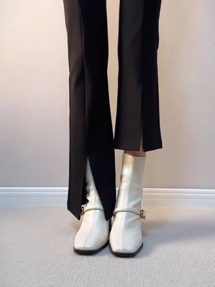 Phiên bản da bò ~ Giày bốt thon gọn mũi vuông kiểu Anh dành cho nữ, giày bốt ngắn đi làm có dây kéo phía sau đơn giản, gót dày