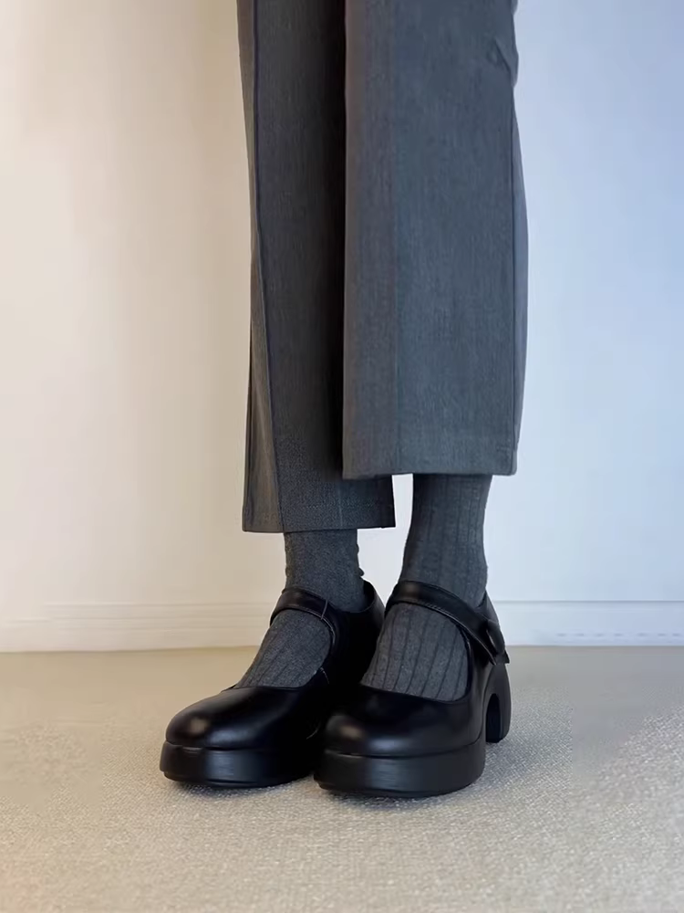 Phiên bản da cừu ~ Giày Mary Jane cao gót có khóa, giày da đế dày tăng chiều cao, giày đơn mũi tròn da thật đa năng dành cho nữ