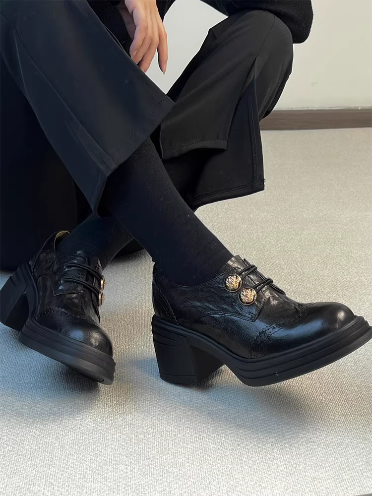 Phiên bản da cừu ~ Giày lười có khóa kim loại có khóa sâu dành cho nữ, mũi tròn, giày da đế dày đế dày chống thấm nước