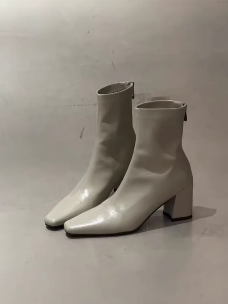 Phiên bản da bò ~ Giày cao gót da thật kiểu Pháp mũi vuông, đa năng và thanh lịch, thích hợp đi làm, giày bốt ngắn giúp bạn trông thon gọn hơn, giày bốt cổ ngắn dành cho nữ.