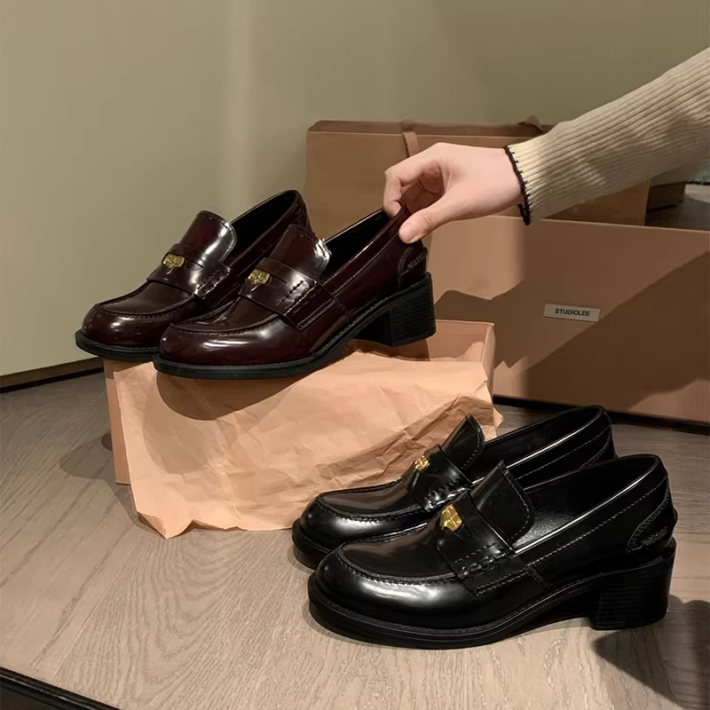 Giày lười nữ da cừu kiểu Anh, mũi tròn, đế xuồng, chất liệu da thật, kiểu retro, phong cách JK.