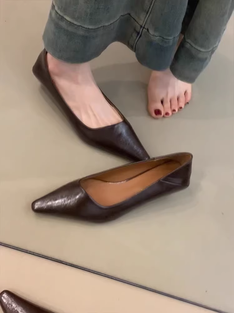 Phiên bản da cừu ~ Giày mũi nhọn gót nhọn đa năng theo phong cách tối giản dành cho nữ, giày đế bằng da thật kiểu cổ điển đi làm