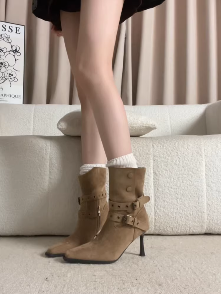 Phiên bản da bò ~ Giày bốt cao gót mũi vuông thời trang dành cho nữ, thời trang thu đông, có khóa thắt lưng, bốt da lộn thon gọn đến mắt cá chân