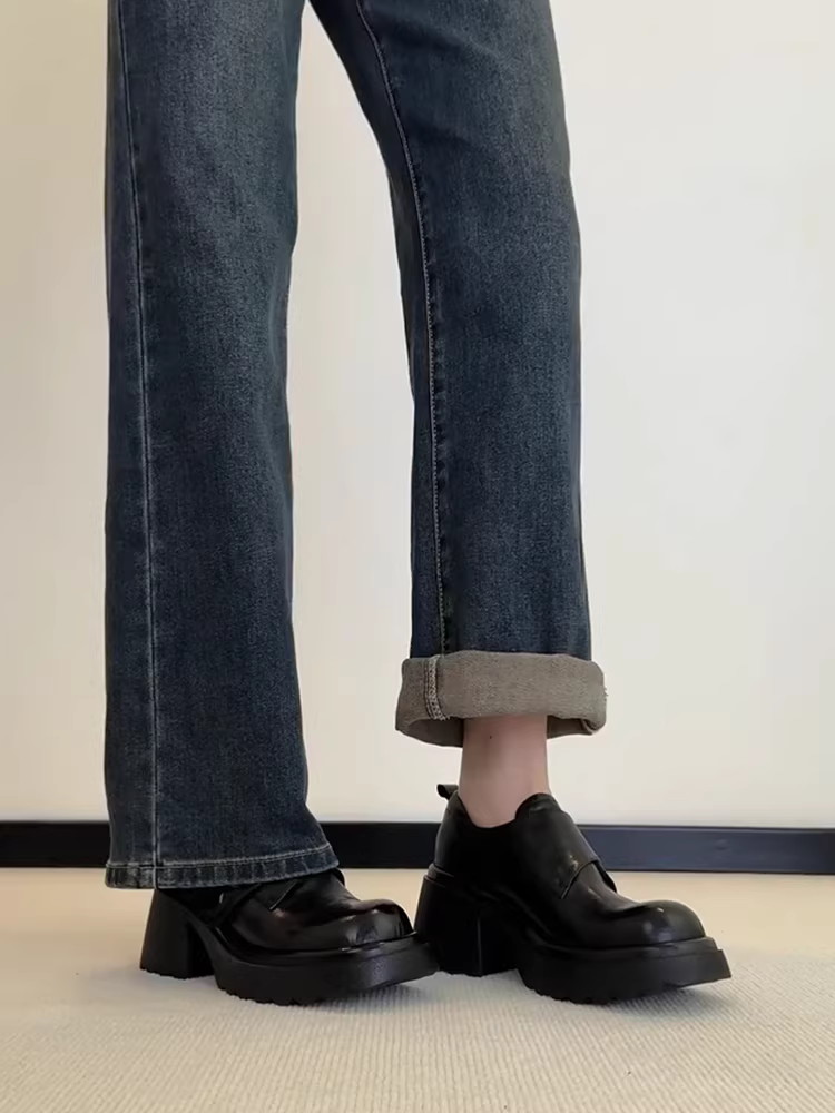 Phiên bản da bò ~ Giày đế dày đế dày chống thấm nước kiểu cổ điển dành cho nữ có mũi giày lớn, có khóa dán, giày da nhỏ kiểu slip-on