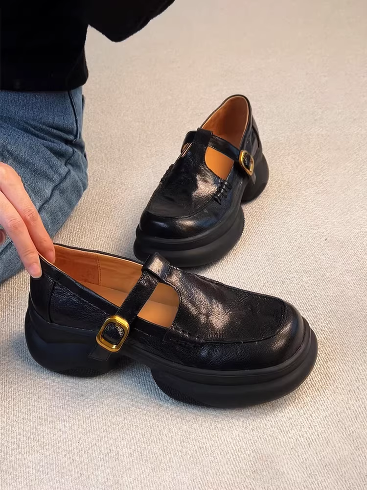 Phiên bản da cừu ~ Giày đế bệt kiểu cổ điển có dây đeo chữ T mũi tròn kiểu Mary Jane dành cho nữ, giày da thật tăng chiều cao, giày da nhỏ đa năng