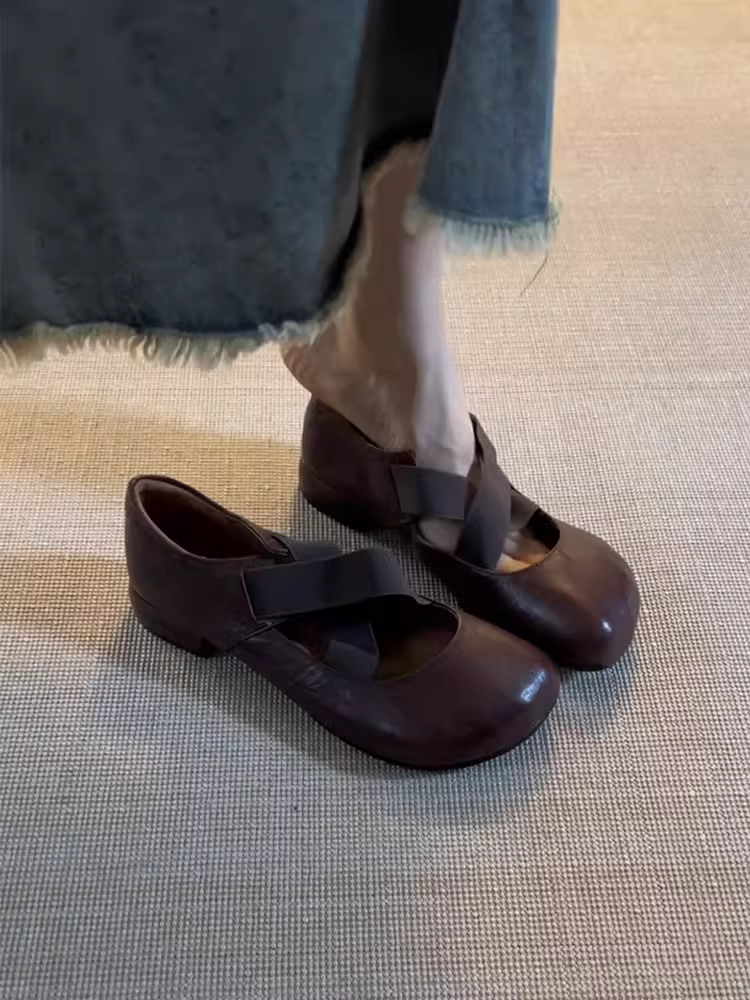 Phiên bản da cừu ~ giày ba lê quai ngang mũi tròn, da thật, giày đế bằng cổ điển nghệ thuật, giày Mary Jane nữ