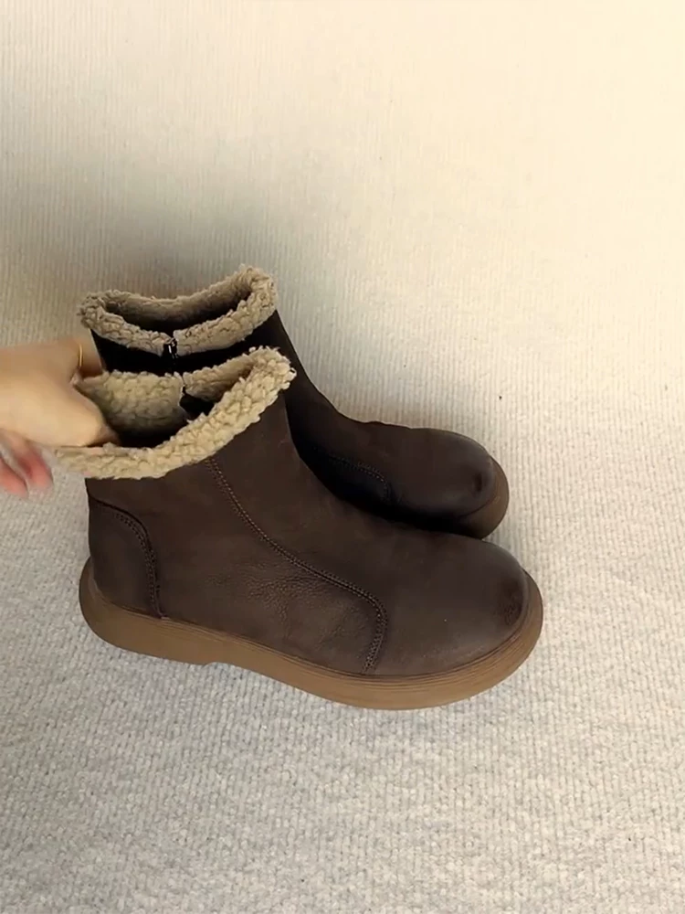 Phiên bản da bò ~ Giày bốt Birkenstock da thật đế mềm có lớp lót lông cừu giữ ấm, bốt ngắn có khóa kéo bên hông, bốt cotton đế dày mũi tròn đa năng dành cho nữ.