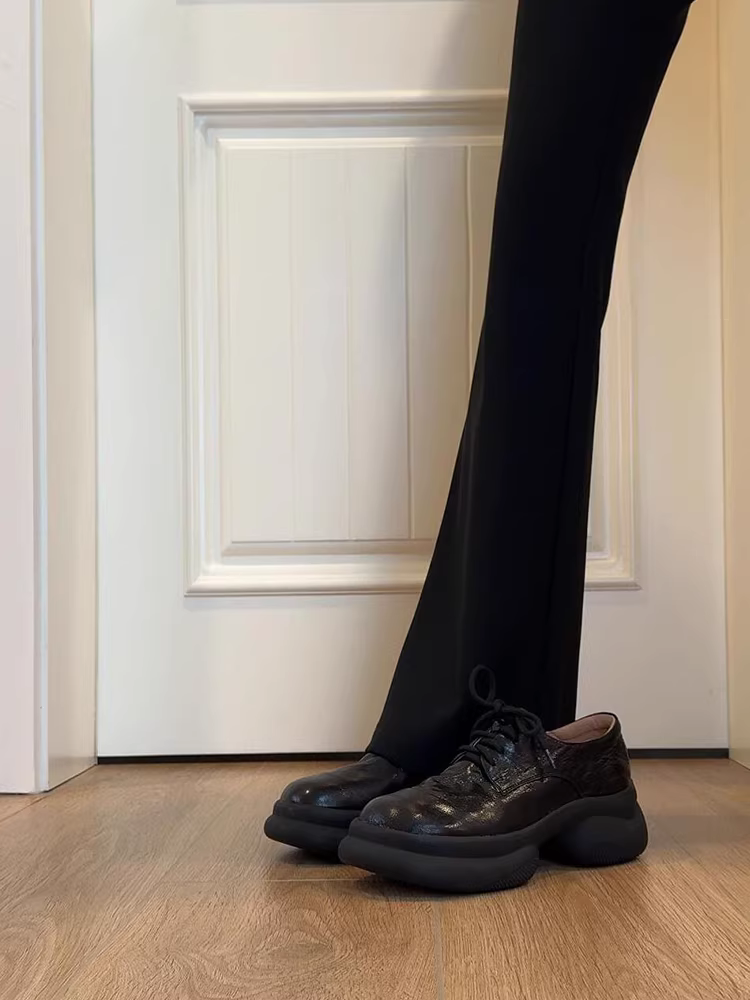 Phiên bản da bò ~ Giày lười buộc dây cổ sâu bằng da thật đế dày đơn giản dành cho phụ nữ nhỏ nhắn, giày da đế xuồng kiểu Pháp hợp thời trang.