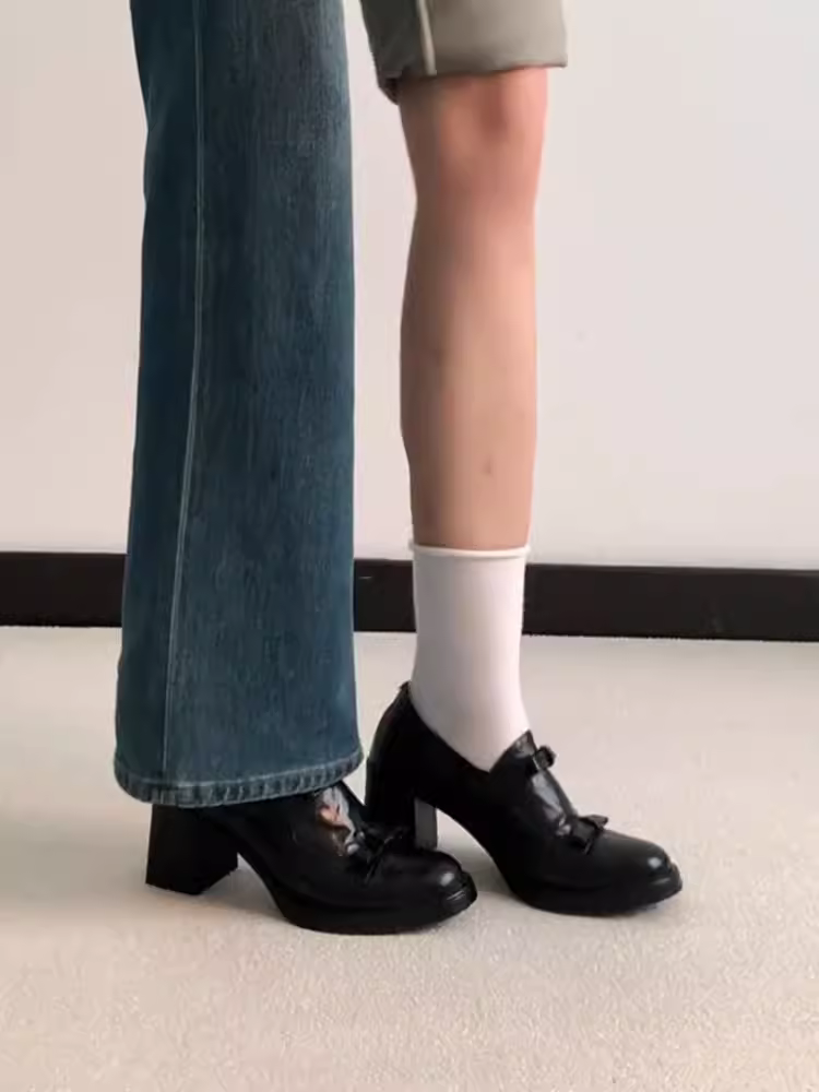 Phiên bản da bò~ Giày lười kiểu ba lê Anh Quốc dành cho nữ với kiểu dáng xẻ sâu, có nơ, da thật, giày cao gót, kiểu lười đi dễ dàng