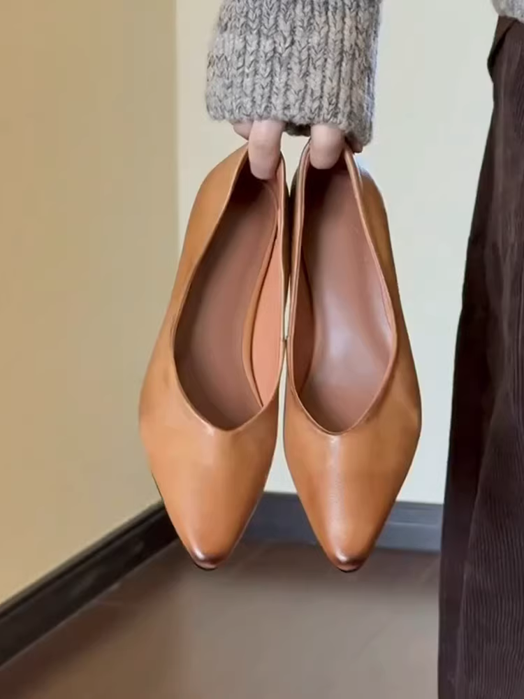 Phiên bản da cừu ~ Giày đơn đế dày bằng da thật tối giản mang tính nghệ thuật dành cho nữ, mũi nhọn, kiểu dáng cổ điển, giày công sở đa năng.