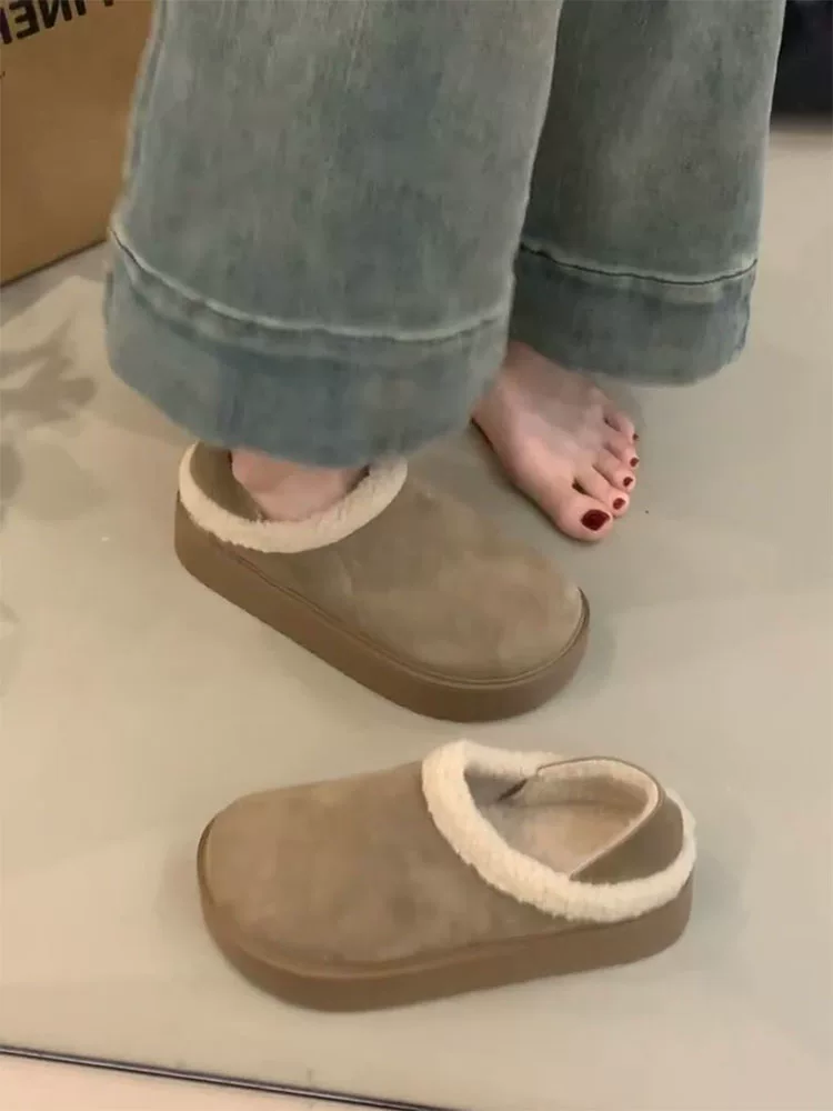 Phiên bản da cừu ~ Giày Birkenstock kiểu retro có thể mang được hai chiều, kiểu dáng trượt, chất liệu da lộn, ôm trọn chân dành cho nữ, lót lông cừu, ấm áp, đế dày, giày lông mềm mại