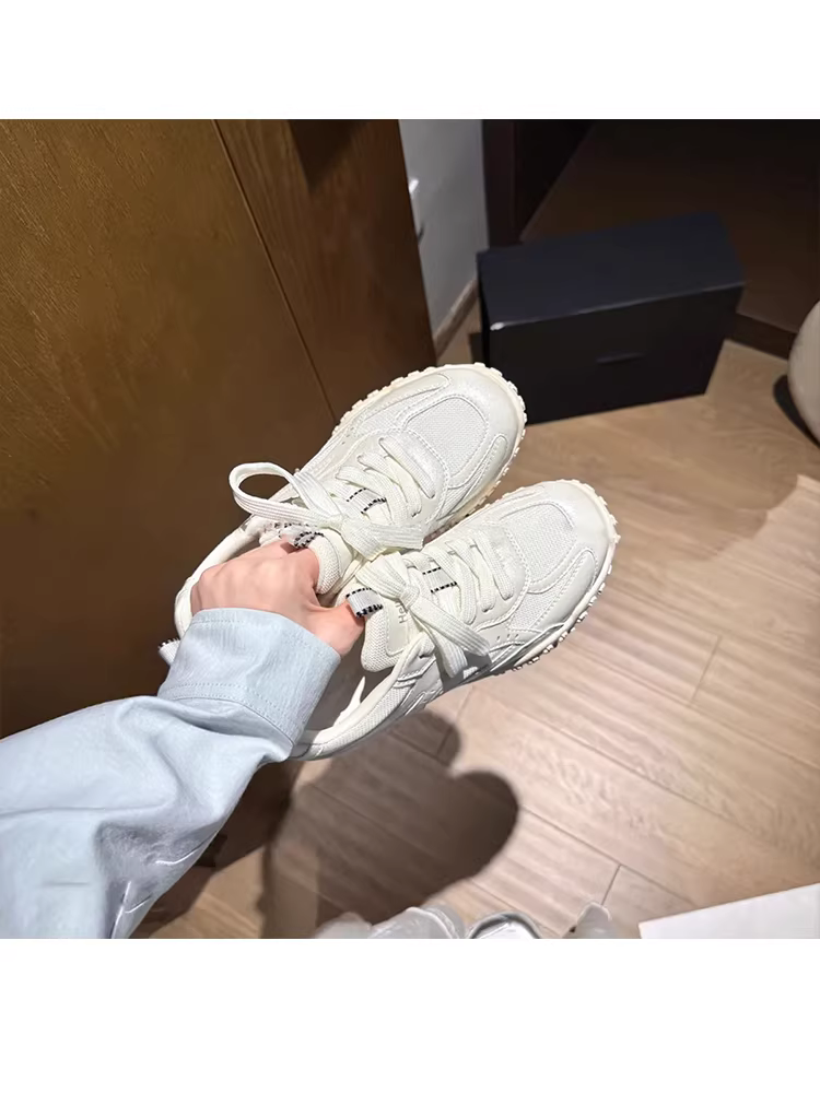 Phiên bản da cừu ~ Giày thể thao đế dày tăng chiều cao đa năng dành cho nữ, giày bố thời trang da thật buộc dây mới