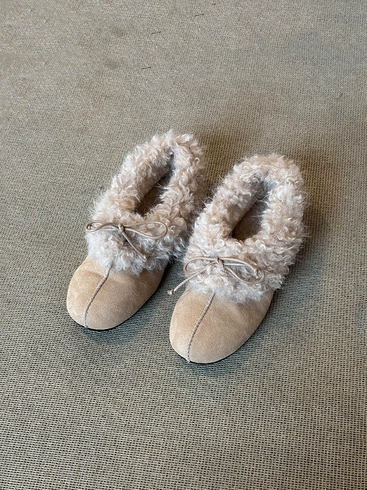 Phiên bản da cừu ~ Không khí mùa thu đông, giày lông mềm mại và thanh lịch dành cho nữ, giày cotton ấm áp có lót lông cừu có nơ