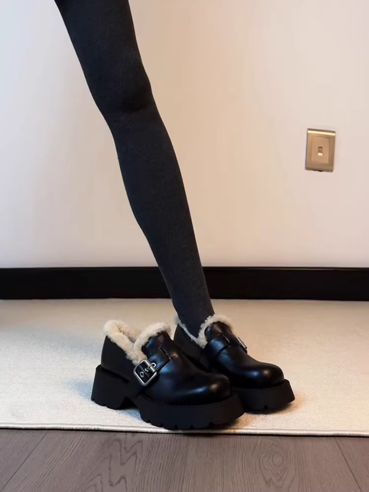 Phiên bản da cừu ~ Giày lười da thật đế dày dành cho nữ, giày da nhỏ có khóa đa năng kiểu cổ điển, có lót lông nhung, kiểu dáng cổ điển, đa năng