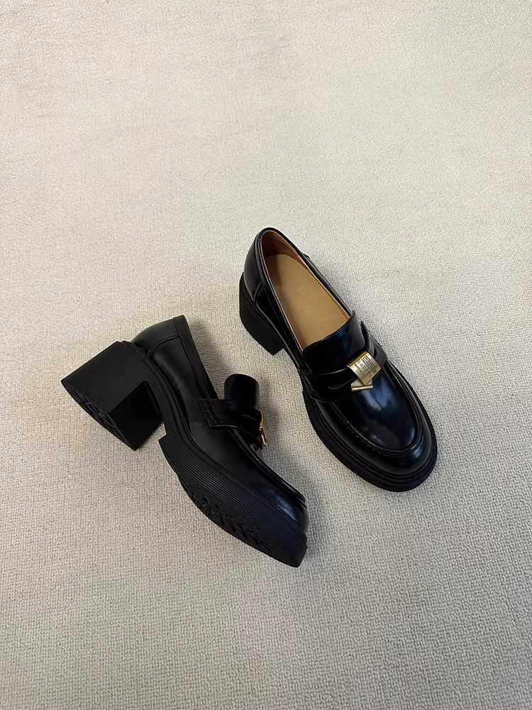 Phiên bản da cừu ~ Giày lười da thật kiểu retro bằng kim loại dành cho nữ, giày đế dày đế dày đa năng, giày da nhỏ đi làm