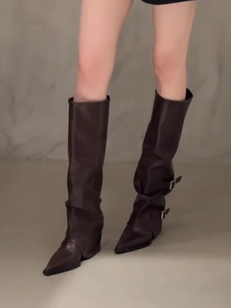 Phiên bản da cừu ~ Giày bốt cao gót kiểu Âu Mỹ dành cho nữ có khóa thắt lưng, mũi nhọn, bốt dài thanh lịch và thời trang, bốt cưỡi ngựa cổ điển.
