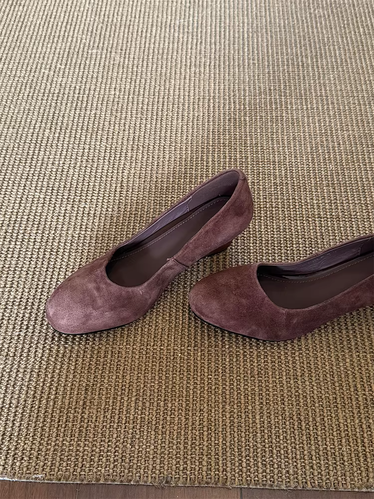 Phiên bản da cừu ~ Giày da lộn cổ điển tối giản dành cho nữ, giày cao gót đế xuồng thanh lịch, mũi tròn nông, giày đi làm hàng ngày thời trang