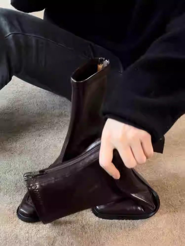 Phiên bản da bò ~ Giày bốt cao gót mũi vuông kiểu Pháp thanh lịch dành cho nữ, giày bốt ngắn co giãn có khóa kéo phía sau kiểu Anh bằng da thật