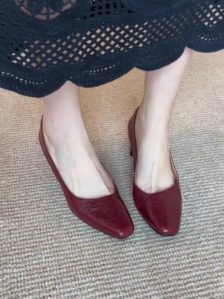 Phiên bản da cừu ~ Giày đế bằng mũi vuông cổ điển dành cho nữ, giày lười da thật, giày cao gót thời trang, đơn giản, giản dị, chuyên nghiệp