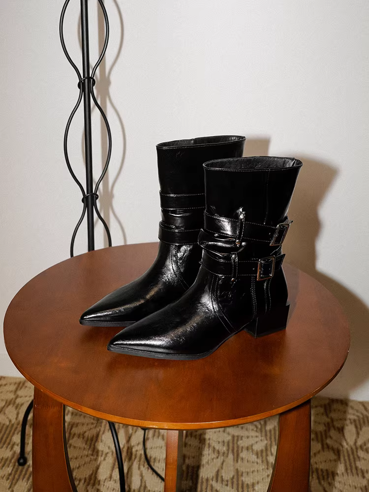 Pear Xiaoqi~ Giày bốt ngắn thời trang mũi nhọn phong cách Pháp dành cho nữ có khóa thắt lưng, gót dày thon gọn, giày bốt Martin đa năng bằng da thật