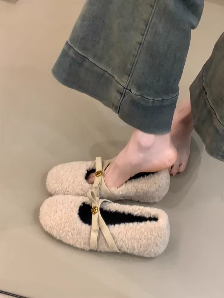 Phiên bản da cừu ~ Giày Mary Jane kiểu Pháp bằng len cừu mềm mại kiểu Pháp dành cho nữ, giày đế bằng tăng chiều cao kiểu cổ tích