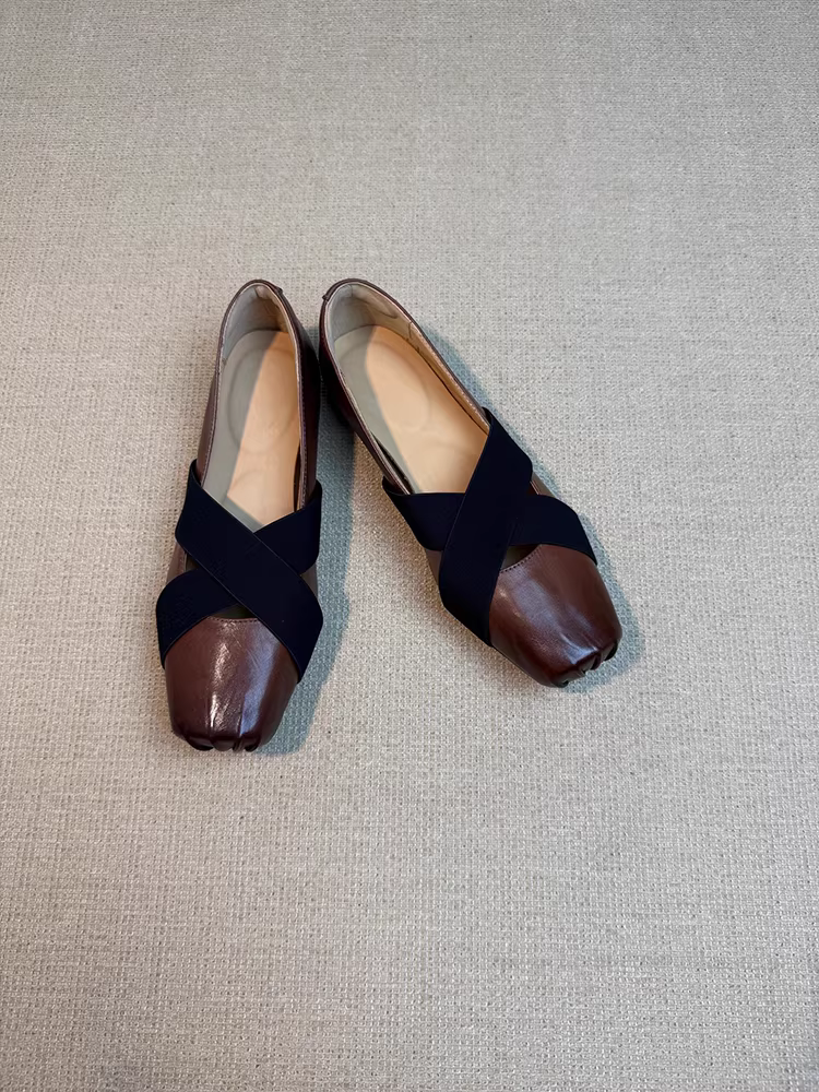 Giày búp bê da cừu ~ kiểu quai chéo, thiết kế mũi lợn dành cho nữ, kiểu dáng retro mũi vuông, đế bằng Mary Jane