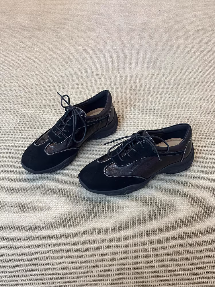 Phiên bản da cừu ~ Giày tập thể thao đế dày kiểu đại học dành cho nữ, giày thường đa năng có dây buộc sâu, giày đơn phối da thật.
