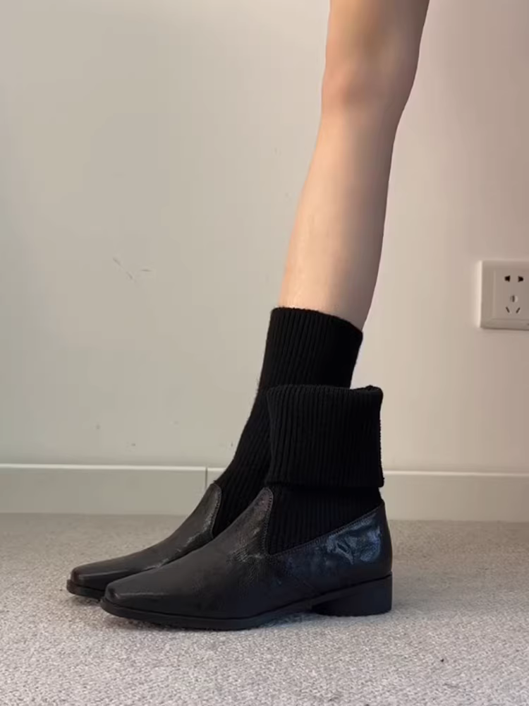 Phiên bản da cừu ~ Giày bốt ôm sát dệt kim bằng da thật kiểu cổ điển mới dành cho nữ, giày bốt cổ thấp, mũi vuông, đa năng, sành điệu để đi làm.