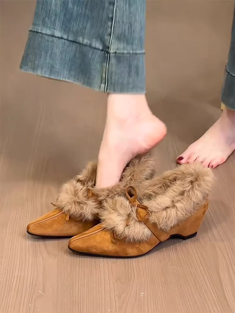 Phiên bản da cừu ~ Giày Mary Jane kiểu Pháp nhẹ nhàng có nơ, giày đơn lót lông cừu tăng chiều cao bên trong bằng da lộn thanh lịch dành cho nữ