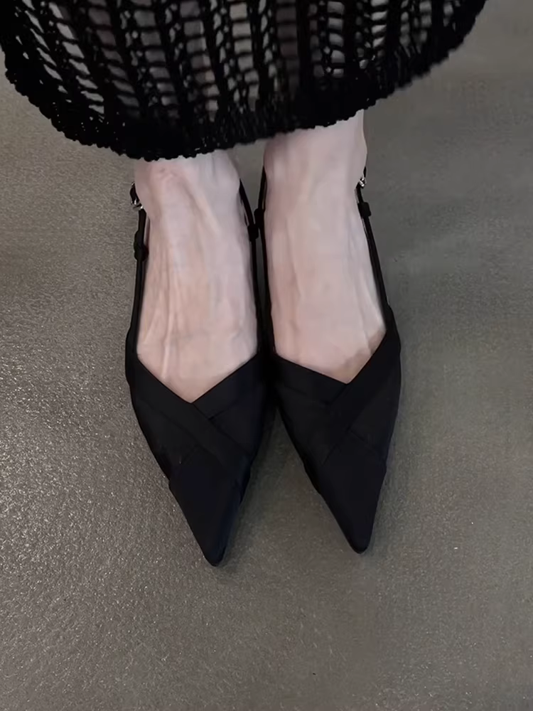 Phiên bản da cừu ~ Giày mũi nhọn màu đen thanh lịch mới bằng da thật dành cho nữ, giày cao gót quai sau đơn giản, dép đa năng