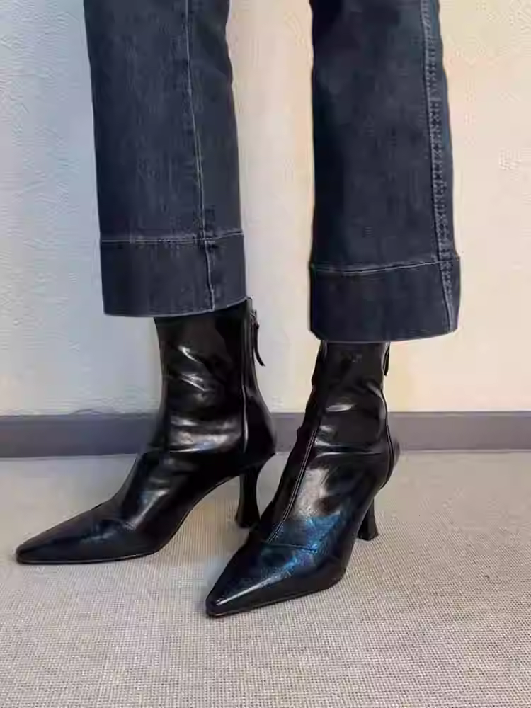 Phiên bản da bò ~ Giày bốt ngắn mũi nhọn cao gót, bốt cao gót kiểu Pháp co giãn dành cho nữ, bốt da mềm đa năng có khóa kéo da thật kiểu dáng ôm sát