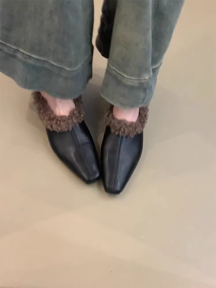 Phiên bản da cừu ~ Giày lười da thật cổ điển dành cho nữ có độ tăng chiều cao ẩn, mũi vuông, đế phẳng, giày lông đa năng đi làm