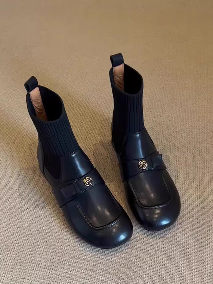 Phiên bản da bò ~ Giày bốt da thật hình hoa trà mũi tròn dành cho nữ, bốt dệt kim cao gót thấp kiểu Pháp, bốt thon gọn đa năng