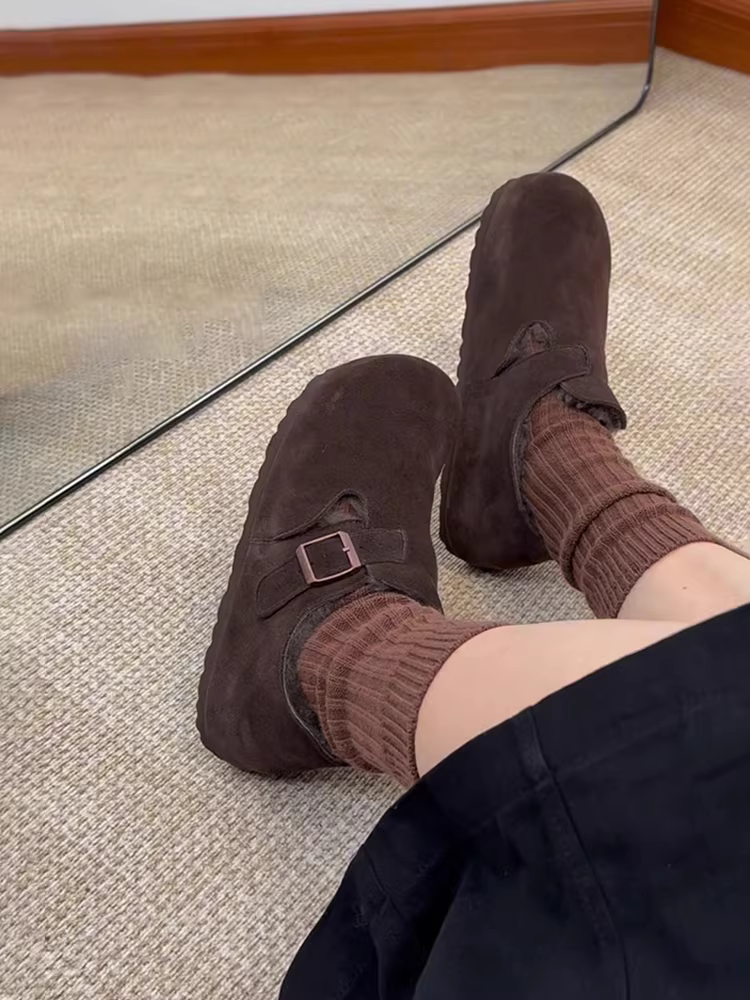 Phiên bản da cừu ~ Giày kiểu Birkenstock có lót lông, tăng chiều cao, kiểu dáng lười, đế bằng, phong cách retro, chất liệu cotton mềm mại dành cho nữ