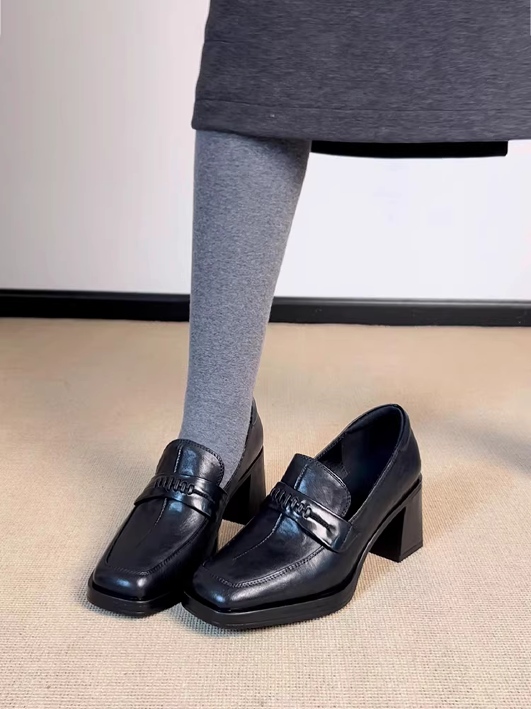 Phiên bản da cừu ~ Giày lười cao gót da thật thiết kế mới đầu xuân dành cho nữ, mũi vuông, giày da nhỏ đa năng và thanh lịch